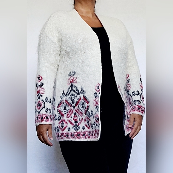 Knox Rose Women's Open Front Cardigan Nordic/Isle Pattern Fuzzy/Eyelach Medium - Picture 2 of 16